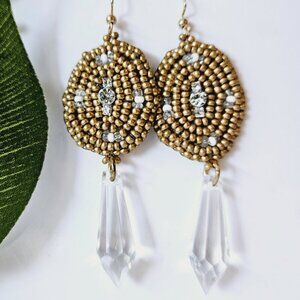 2/$27 | Gold + Crystal Shield Beaded Indigenous Hoop Earrings | Handmade